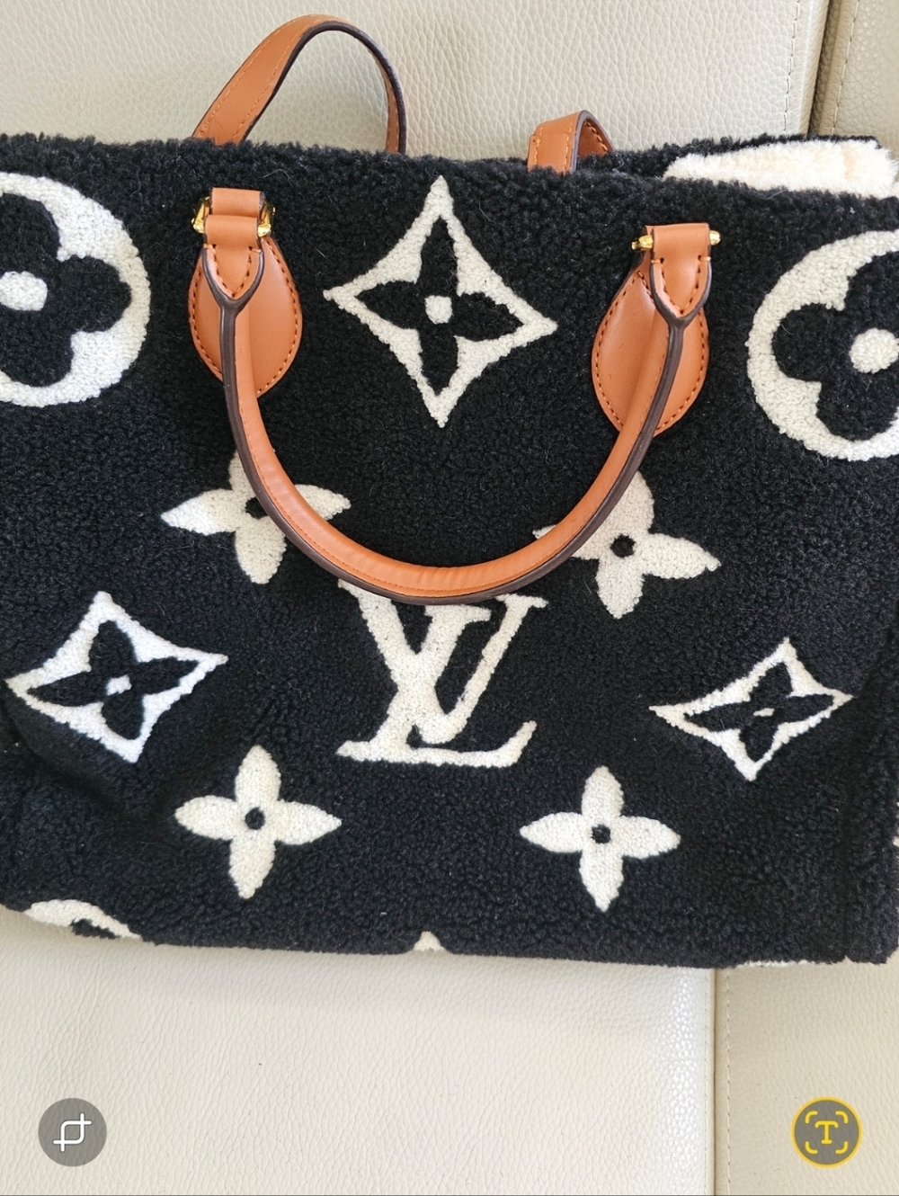 Black & White Shearling Monogram Tote with Tan Handles GM Large Size - Picture 4 of 5